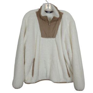 Lands’ End Women’s Fleece Pullover L Ivory Tan Half Zip Sherpa Jacket Soft Cozy